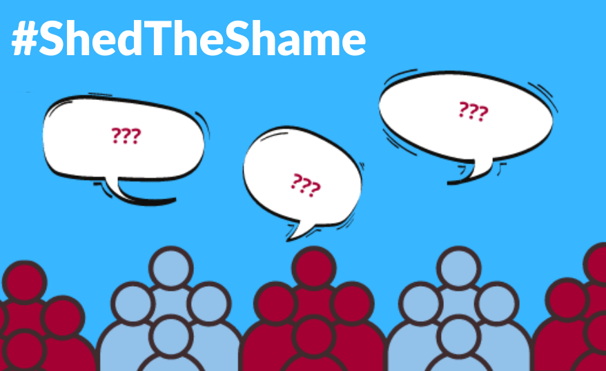 blue background cartoon outlines of people, 3 white speech bubbles over head. #ShedTheShame
