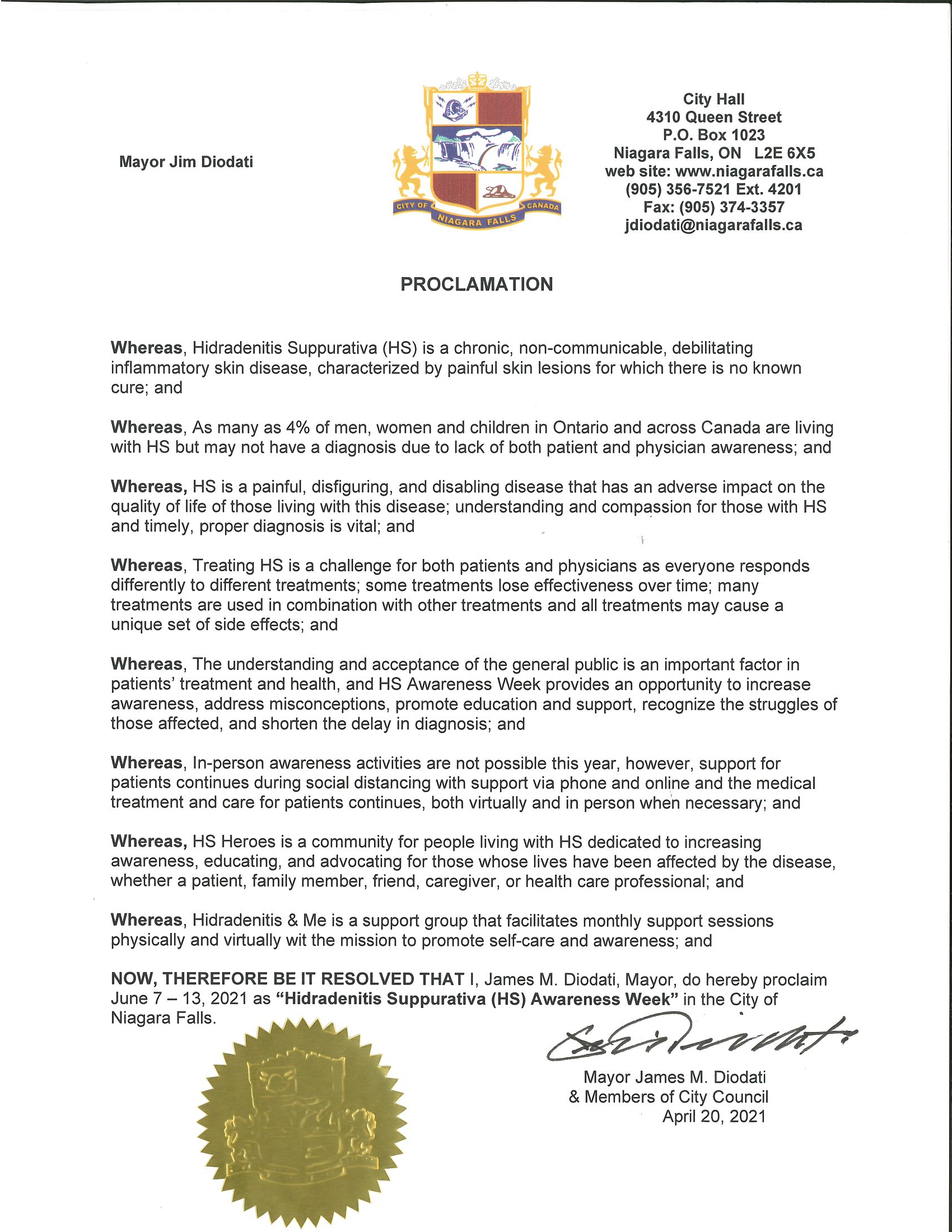 City of Niag Falls Proclamation Hidradenitis Suppurativa HS Awareness Week 2021 1