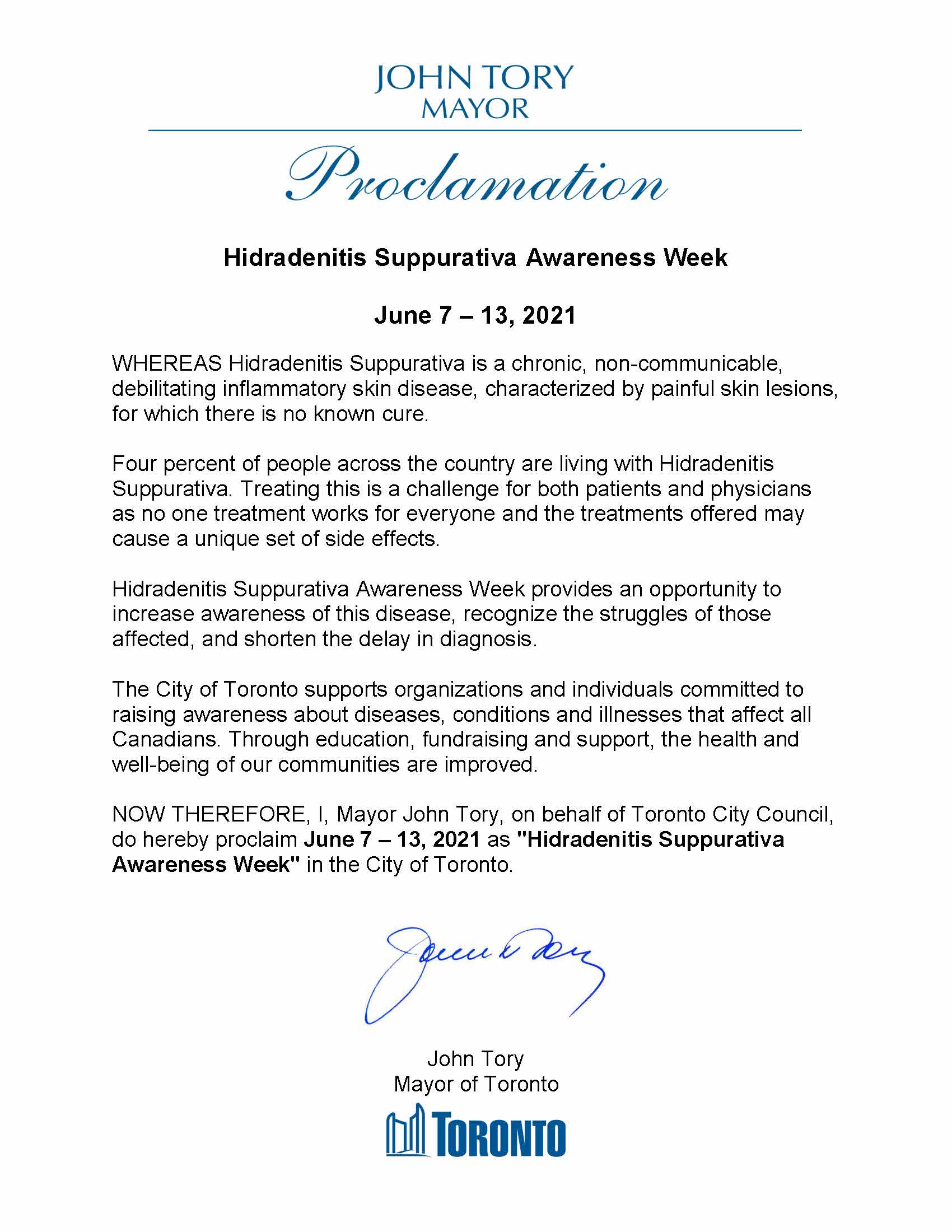 HS Awareness Toronto Proclamation 2021