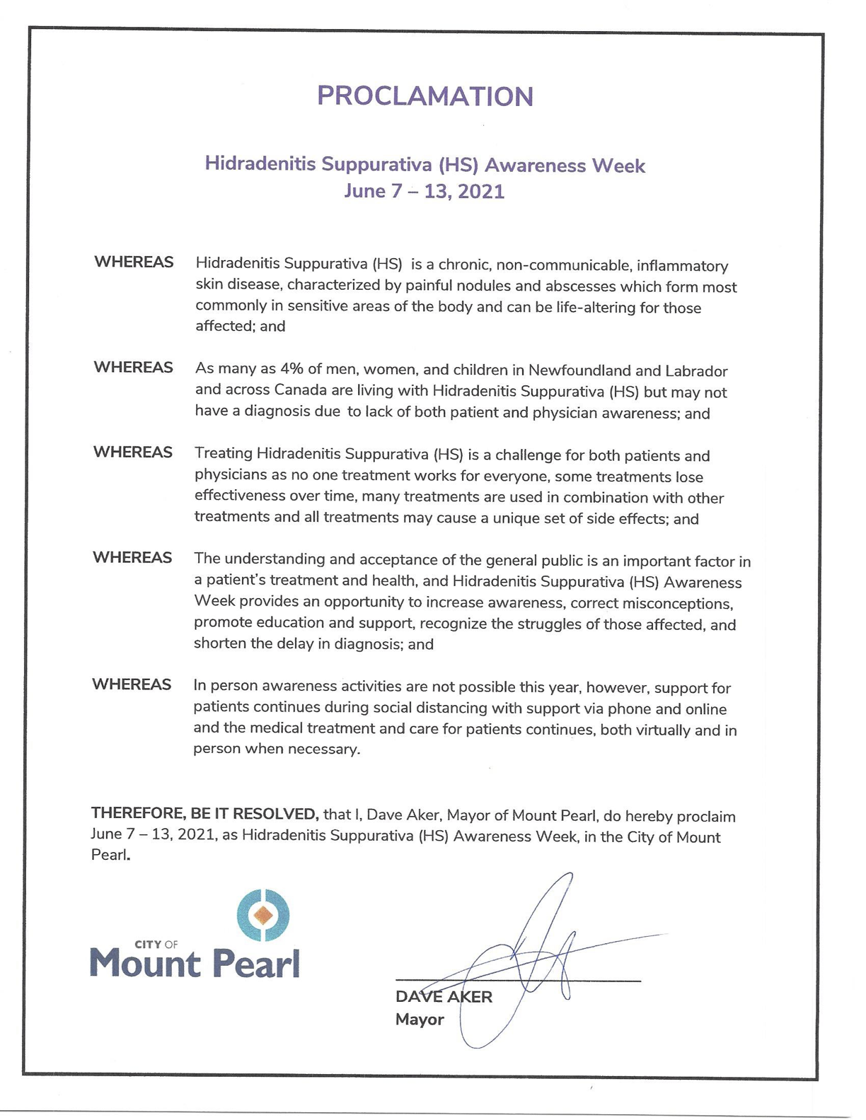 PROCLAMATION HS Awareness Week Mt Pearl